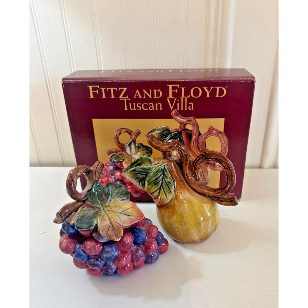 Fitz And Floyd Tuscan Villa Creamer Sugar Set Pear Grapes Ceramic With Box‎